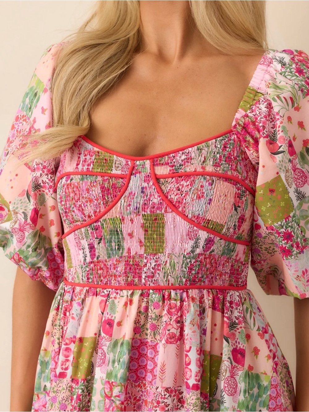 Puff-Sleeve Patchwork Maxi Dress in Pink - Picture 3 of 6